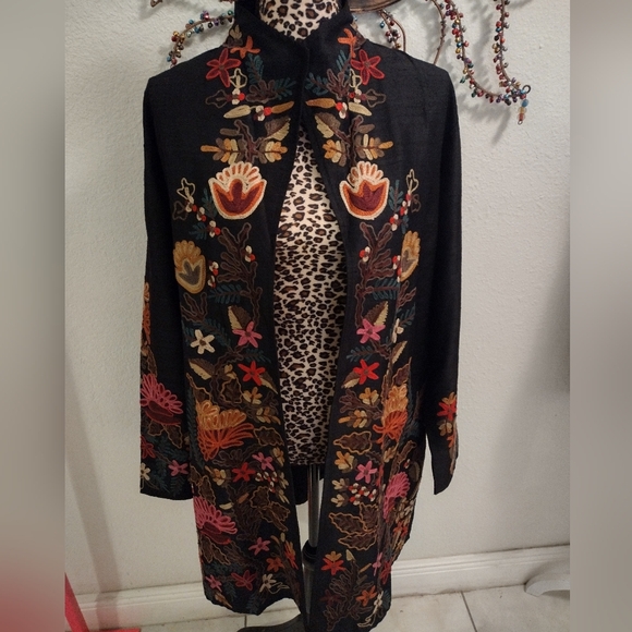 Anu Jackets & Blazers - Anu Silk Embroidered Black Floral Jacket Duster Cardigan